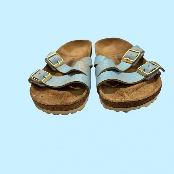 Birkenstock Blue Sandals with Cork Footbed and Metallic Straps - Picture 9 of 10